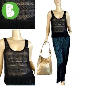 KIRRA BLACK LACE AND FRINGE SHEER TUNIC TANK (S)
